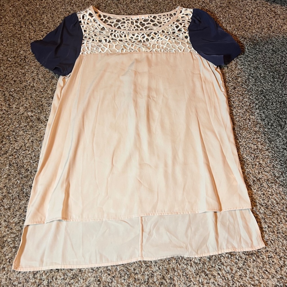 Glam Crochet Top High Low Tunic Blouse Short Sleeve Casual‎ Beige Blue M